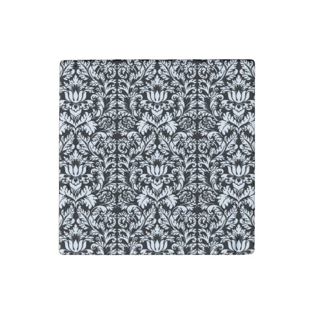Black White Damask Lace Brocade Stone Magnet (First Magnet)