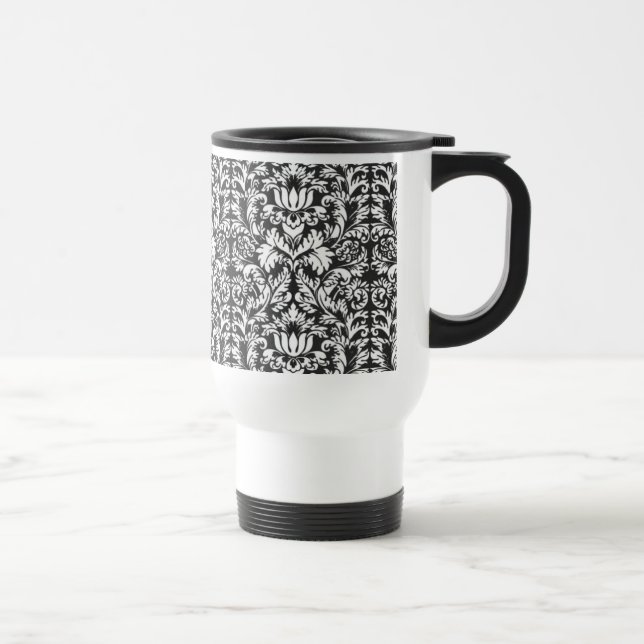 Black White Damask Lace Brocade Travel Mug (Right)