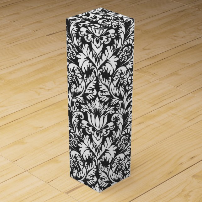Black White Damask Lace Brocade Wine Gift Box (Front)