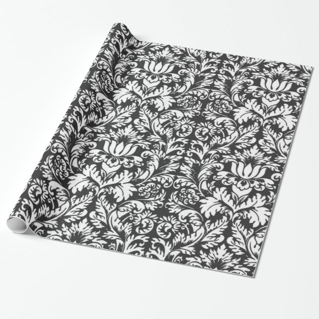 Black White Damask Lace Brocade Wrapping Paper (Unrolled)