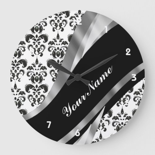 Black  white damask large clock