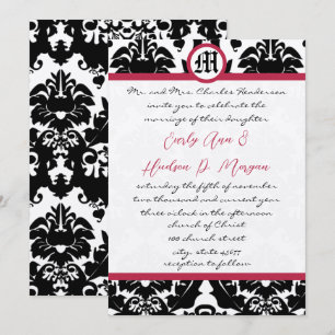 Black & White Damask Magenta Trim Wedding Invitation