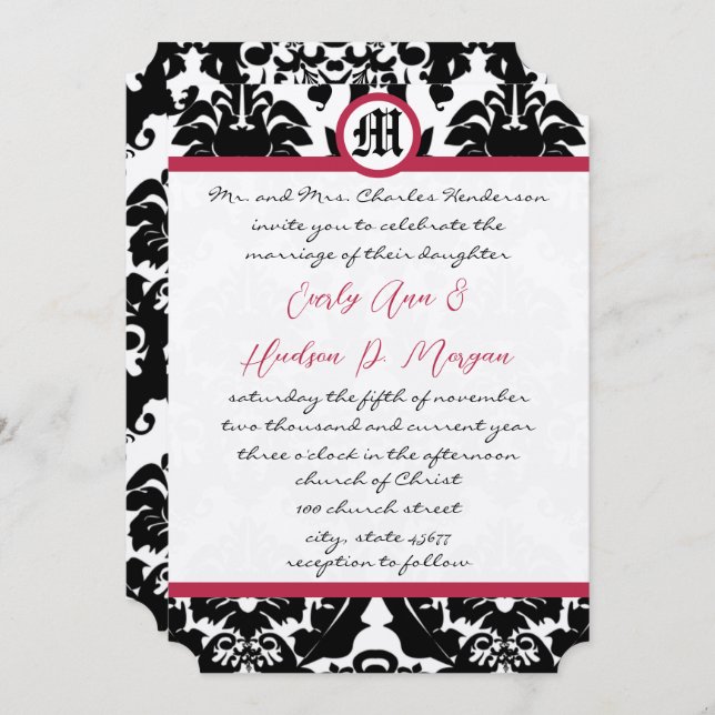 Black & White Damask Magenta Trim Wedding  Invitation (Front/Back)