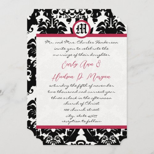 Black  White Damask Magenta Trim Wedding  Invitation