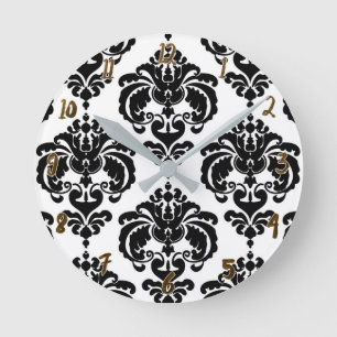 Black & White Damask Modern Personalized Round Clock