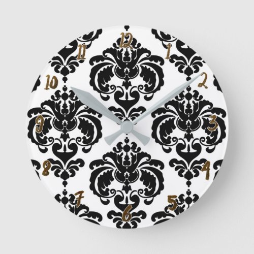 Black  White Damask Modern Personalized Round Clock