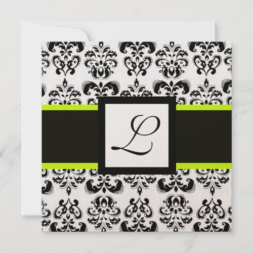 BLACK WHITE DAMASK MONOGRAM Champagne Metallic Invitation