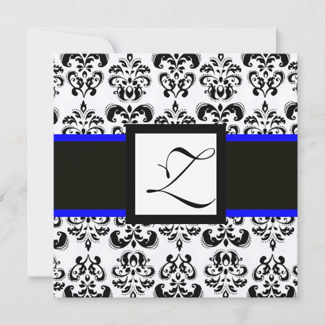 BLACK WHITE DAMASK MONOGRAM Champagne Metallic Invitation (Front)