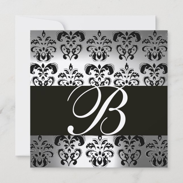 BLACK & WHITE DAMASK MONOGRAM champagne moonstone Invitation (Front)