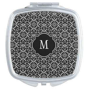 Black & White Damask Monogram Compact Mirror