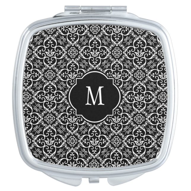Black & White Damask Monogram Compact Mirror (Front)