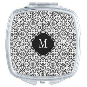 Black & White Damask Monogram Compact Mirror