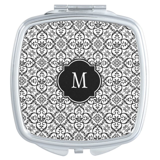 Black & White Damask Monogram Compact Mirror (Front)