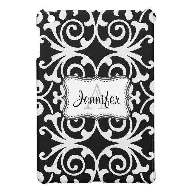 Black & White Damask monogram iPad mini case (Back)