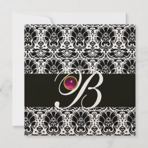 BLACK WHITE DAMASK MONOGRAM Pink Fuchsia Amethyst Invitation