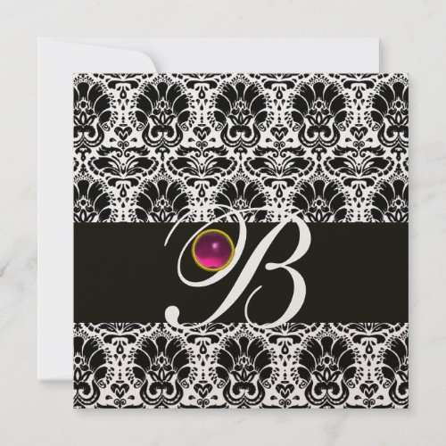 BLACK WHITE  DAMASK MONOGRAM Pink Fuchsia Amethyst Invitation