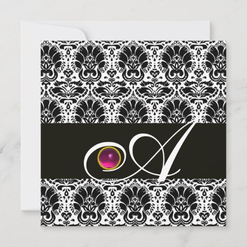 BLACK WHITE  DAMASK MONOGRAM Pink Fuchsia Amethyst Invitation