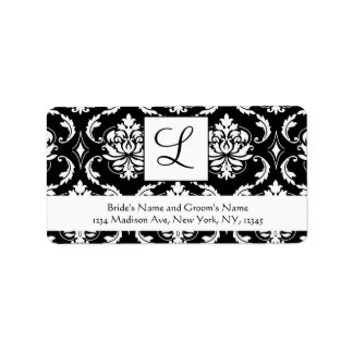 Black White Damask Monogram Wedding Address Labels