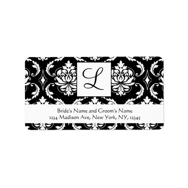 Black White Damask Monogram Wedding Address Labels (Front)