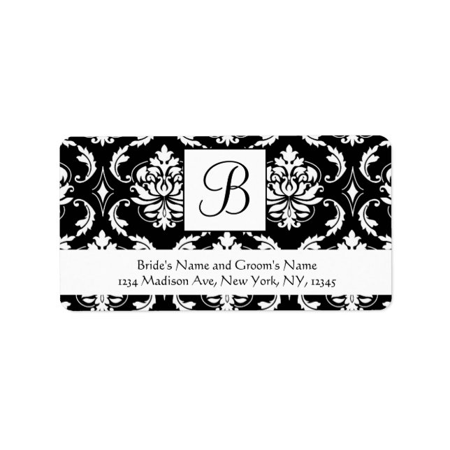 Black White Damask Monogram Wedding Address Labels (Front)