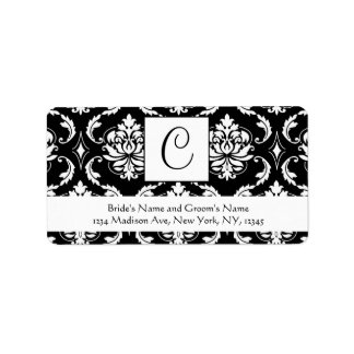 Black White Damask Monogram Wedding Address Labels