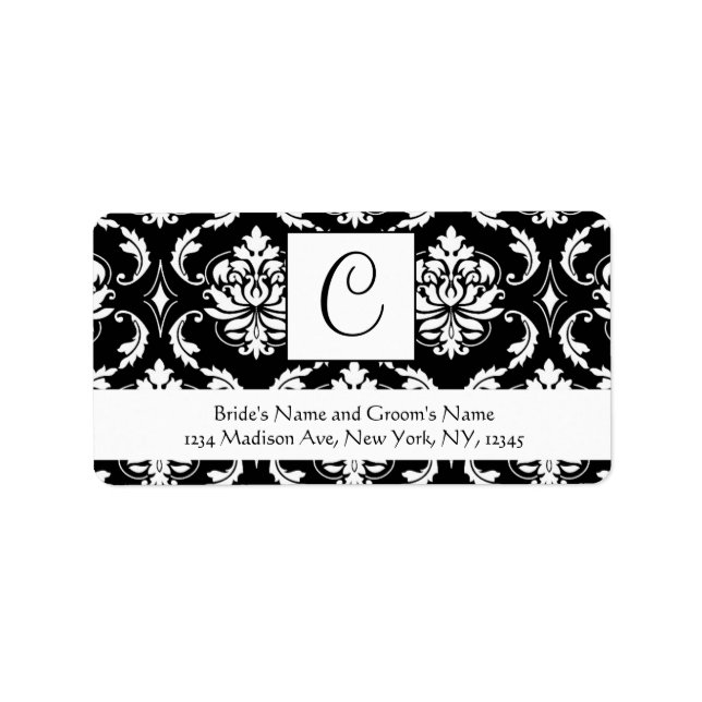 Black White Damask Monogram Wedding Address Labels (Front)