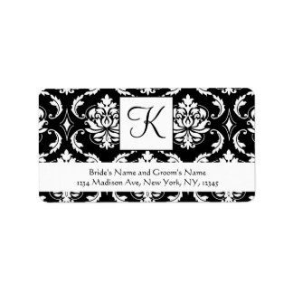 Black White Damask Monogram Wedding Address Labels