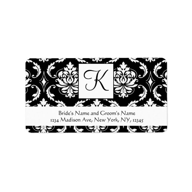 Black White Damask Monogram Wedding Address Labels (Front)