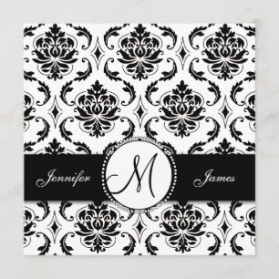 Black White Damask Monogram Wedding Invitation