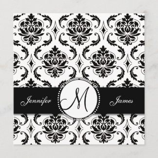 Black White Damask Monogram Wedding Invitation