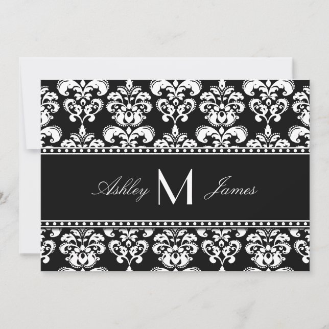 Black White Damask Monogram Wedding Save the Date (Front)