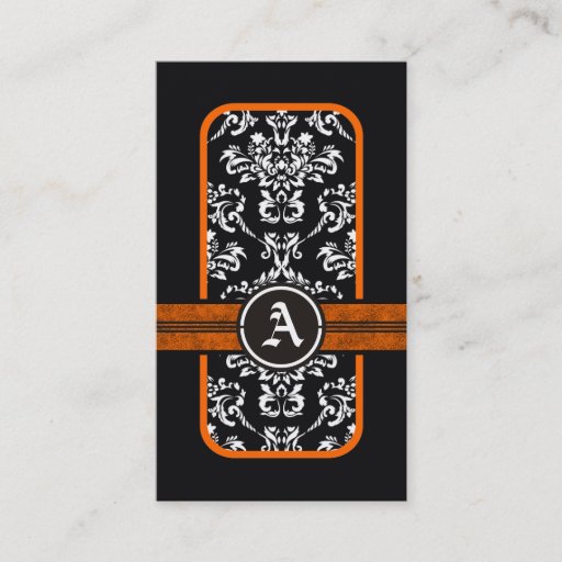 Customizable Black white damask orange band monogram business card template
