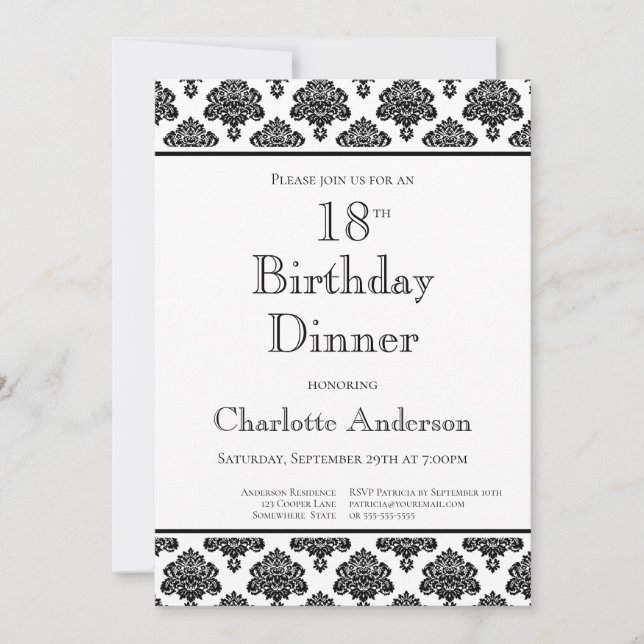 Black & White Damask Pattern 18th Birthday Dinner Invitation (Front)