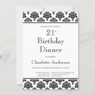 Black & White Damask Pattern 21st Birthday Dinner Invitation