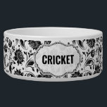 Black & White Damask Pattern Custom Name Bowl<br><div class="desc">Black and white vintage floral damask with customizable name for your baby dog.</div>
