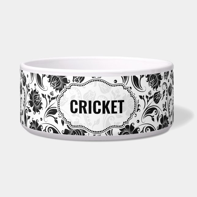 Black & White Damask Pattern Custom Name Bowl (Front)