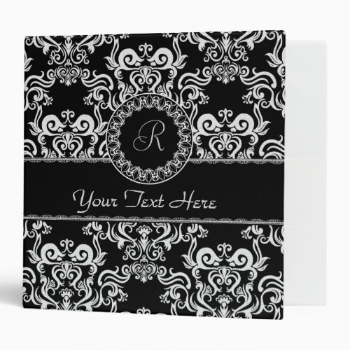 Black  White Damask Pattern _Monogram Binder