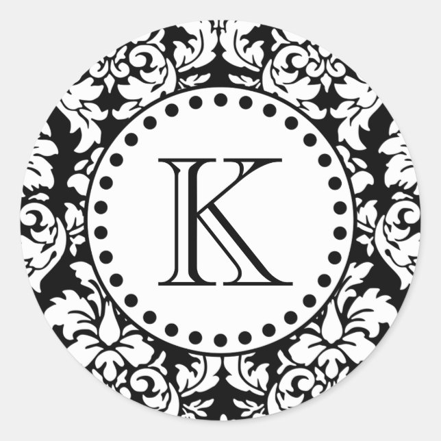 Black White Damask Pattern Monogram Classic Round Sticker (Front)