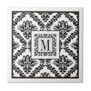 Black, white damask pattern monogram wedding ceramic tile