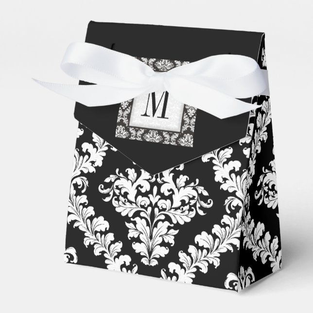Black, white damask pattern monogram wedding favor boxes (Front Side)