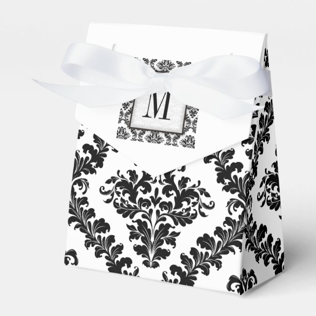 Black, white damask pattern monogram wedding favor boxes (Front Side)