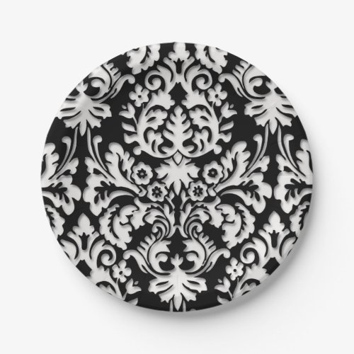 Black  White Damask Pattern Paper Plates