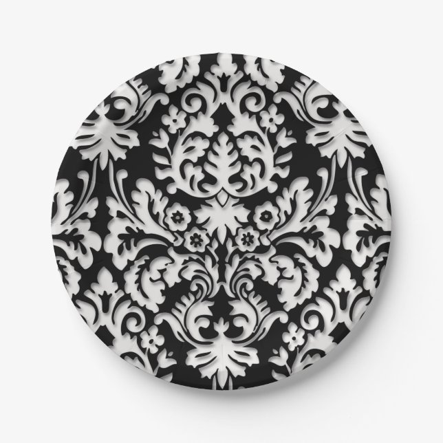 Black & White Damask Pattern Paper Plates (Front)