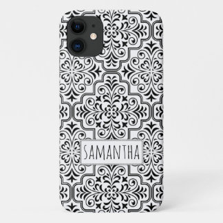 Black, white damask pattern personalized with name iPhone 11 case
