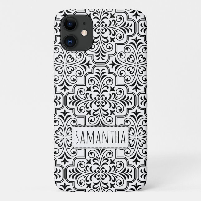 Black, white damask pattern personalized with name Case-Mate iPhone case (Back)
