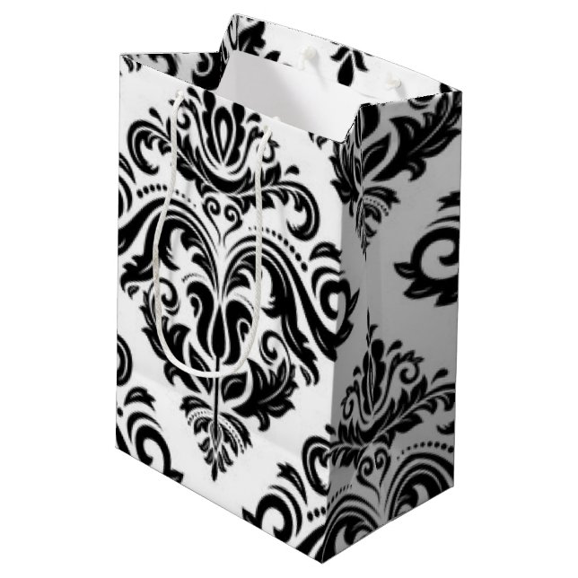 Black White Damask Pattern Print Design Medium Gift Bag (Back Angled)