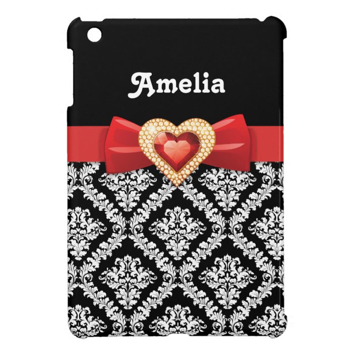 Black white damask pattern & red bow and jewel iPad mini cover
