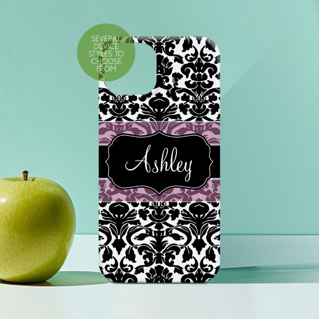 Black White Damask Pattern with pink script name Case-Mate iPhone Case (Personalized Phone Case with Custom Text)
