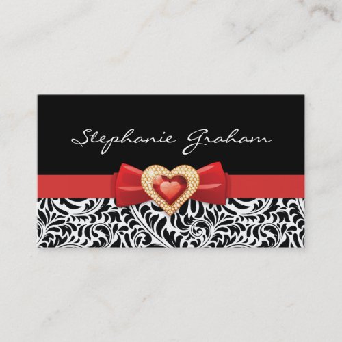 Black white damask pattern with red bow and jewel business card