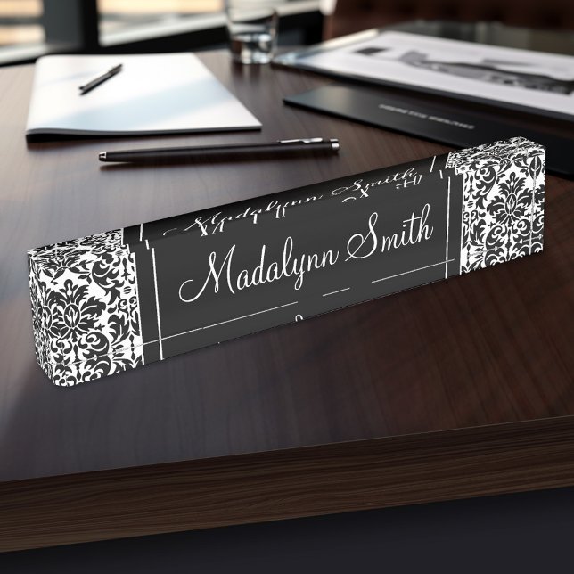 Black & White Damask Pattern with Script Name Desk Name Plate (Personalized Name Plate for the Office, School or Home)